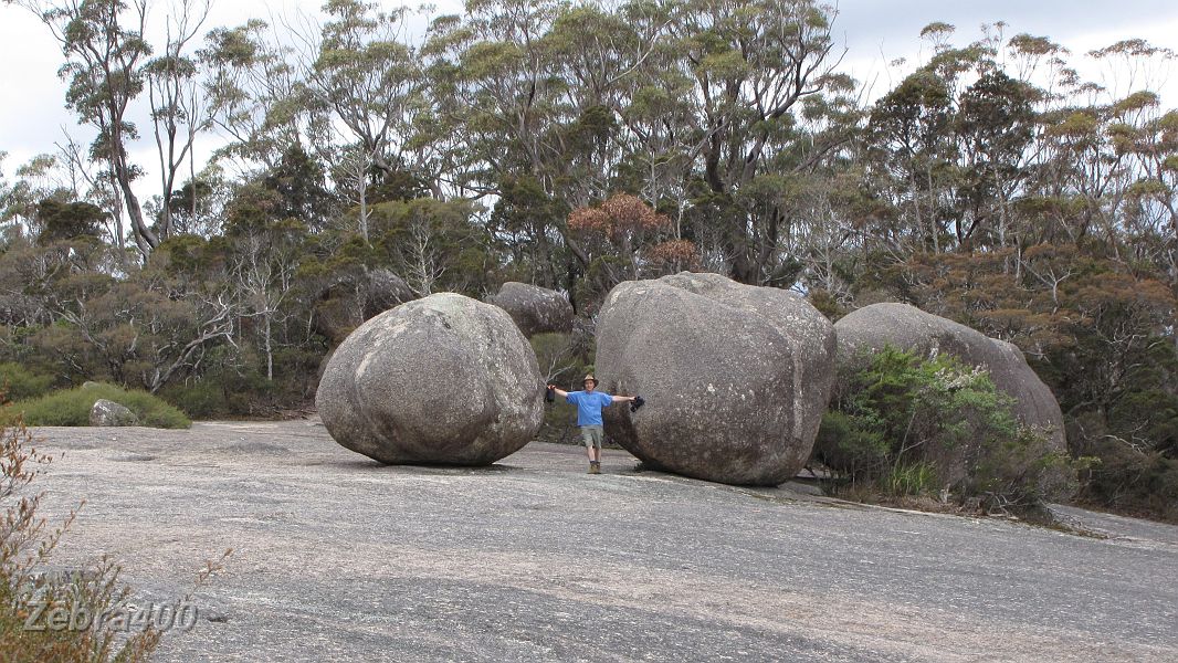 29-Laurie has some fun with the big boulders on top of Bald Rock.JPG